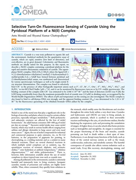 Pdf Selective Turn On Fluorescence Sensing Of Cyanide Using The