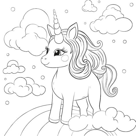 Pages Colorier Une Mignonne Licorne Dans Les Nuages Vecteur Premium