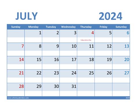 Free 2024 July Printable Calendar Monthly Calendar