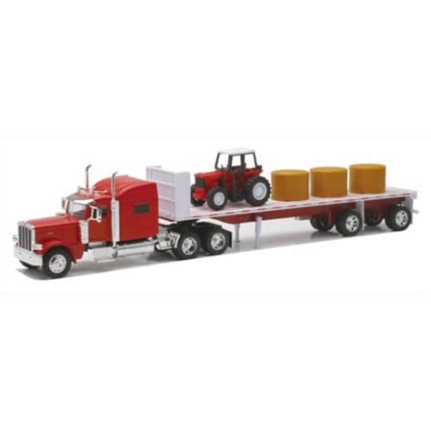 New Ray A Peterbilt Flatbed With Hay And Farm Tractor Long