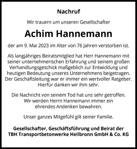 Traueranzeigen Von Achim Hannemann Trauerundgedenken De