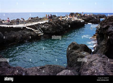 Lava swimming pools El Caleton at ocean beach at Garachico, Island Teneriffe, Canary Islands ...