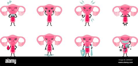 Cute Cartoon Uterus Characters Various Emotions Female Reproductive