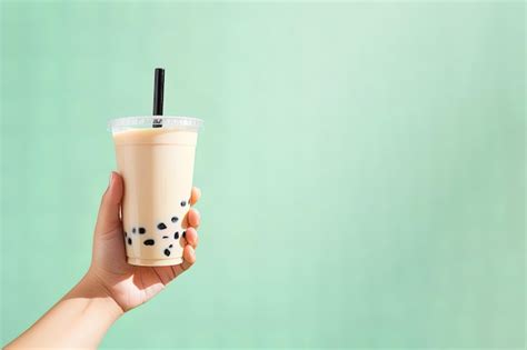 A Hand Holding Takeaway Plastic Cup Of Iced Bubble Milk Tea And Black