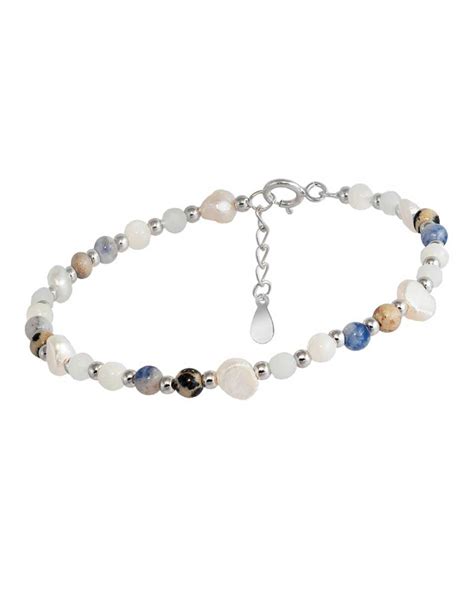 Pulsera Piedras Y Perlas Azul Plata Y Cientas