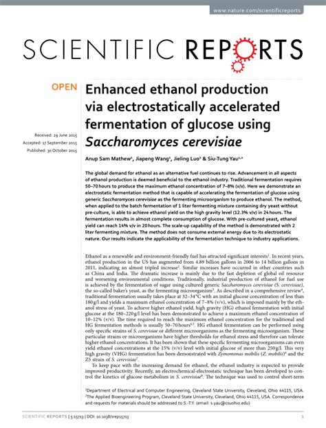 Pdf Enhanced Ethanol Production Via Electrostatically Accelerated