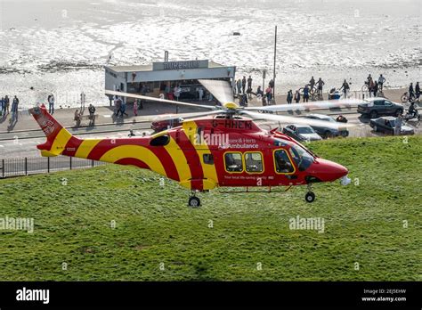 Essex And Herts Air Ambulance Taking Off From Cliff Gardens In Southend On Sea Essex Uk On A