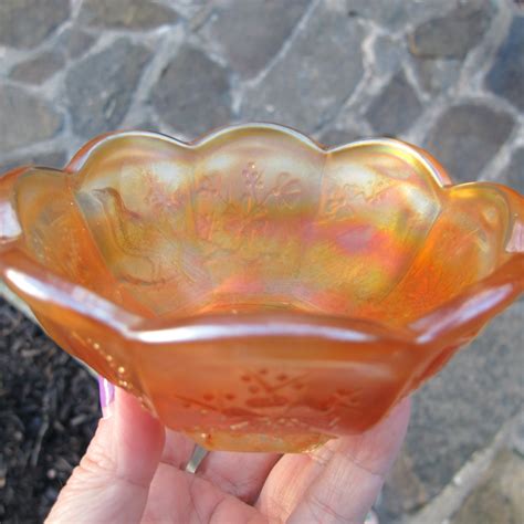 Antique Northwood Singing Birds Pastel Marigold Carnival Glass Small Berry Bowl Carnival Glass