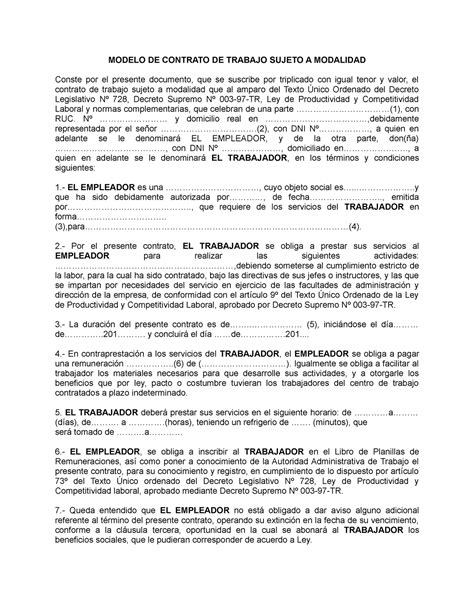 Modelo De Contrato Del Personal Modelo De Contrato De Trabajo Sujeto