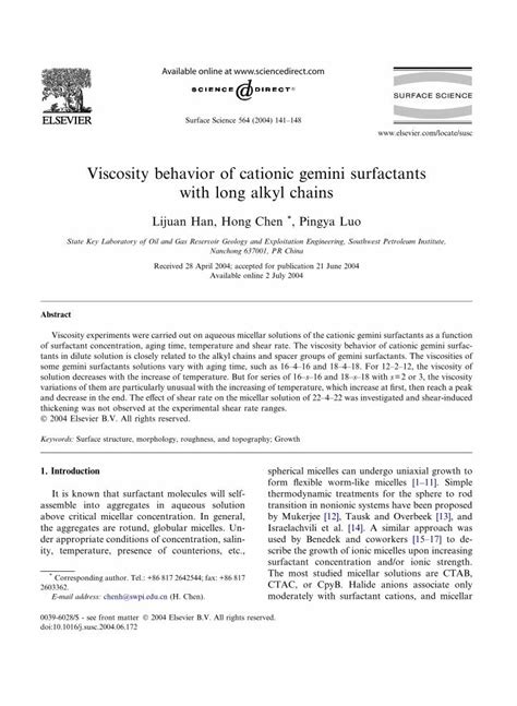 PDF Viscosity Behavior Of Cationic Gemini Surfactants With Long Alkyl