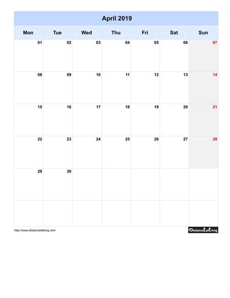 2019 Monthly Blank Calendar Portrait Orientation Free Printable Template one month per page ...