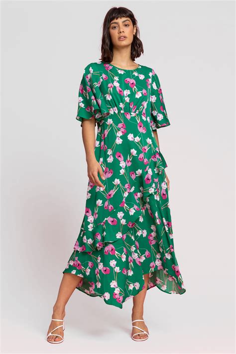 Floral Print Chiffon Midi Dress In Green Roman Originals Uk