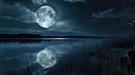 Full Moon Over Water Moon Reflection In Lake Night Landscape With Moon Tranquil Night Scene