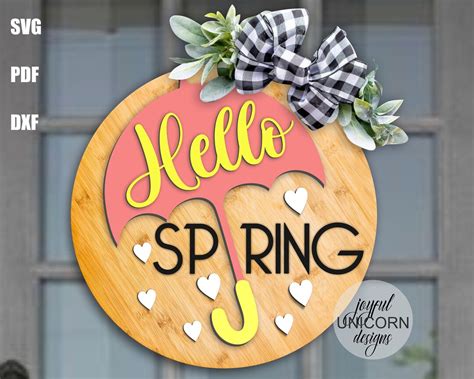 Hello Spring Round Sign Svg Umbrella Door Hanger Svg Wood Round Sign