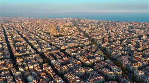 Aerial View Of Barcelona Skyline Basilica Sagrada Familia And Eixample