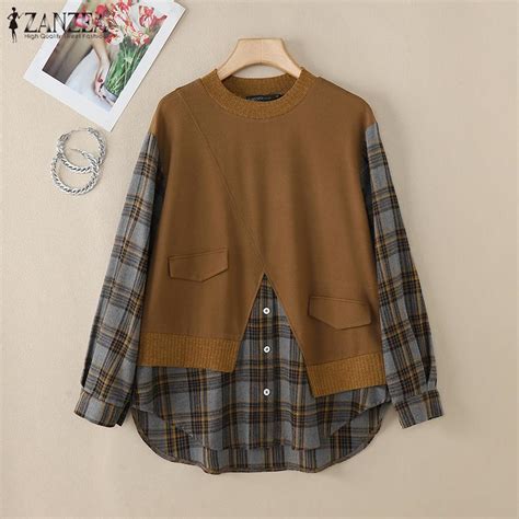 ZANZEA Женская повседневная блузка с длинным рукавом в полоску в стиле ...