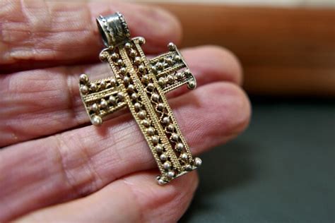 Antique Ethiopian Orthodox Coptic Silver Cross Gold Gem