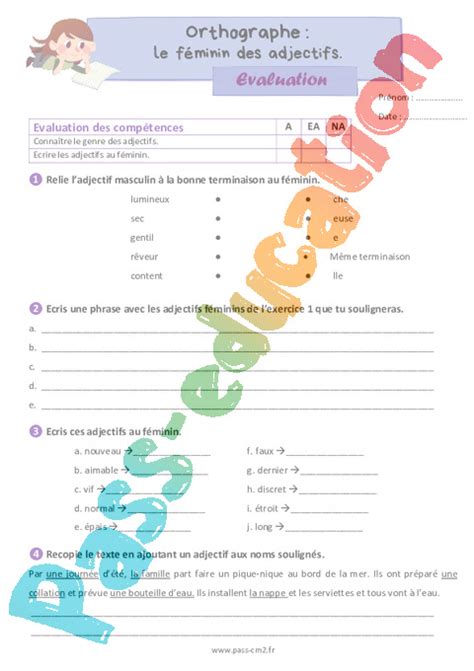 Le F Minin Des Adjectifs Valuation D Orthographe Pour Le Ce Pdf