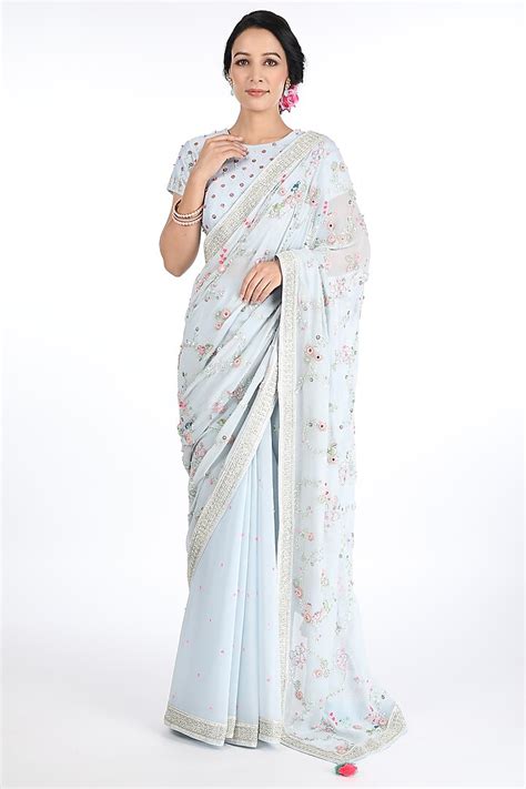 Ice Blue Chiffon Embroidered Saree Set By Summer By Priyanka Gupta At Pernias Pop Up Shop 2024