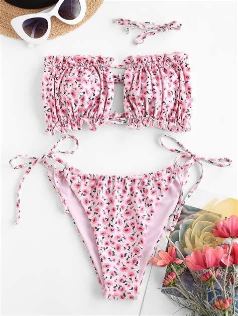 32 OFF 2024 ZAFUL Maillot De Bain Bikini Fleuri Imprimé Noué à Côté