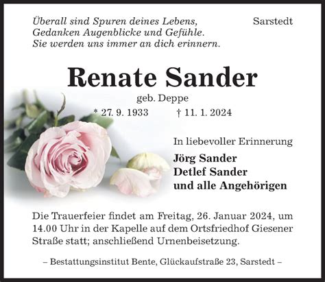 Traueranzeigen Von Renate Sander Trauerportal Hildesheimer Allgemeine