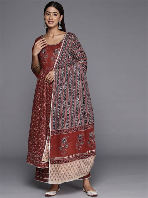 Buy Maroon Printed Cotton Anarkali Suit With Dupatta Online At Rs 999