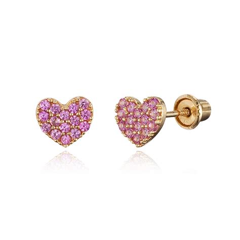 14k Yellow Gold Pave Heart CZ Children Screwback Baby Girls Earrings – Children Earrings by ...