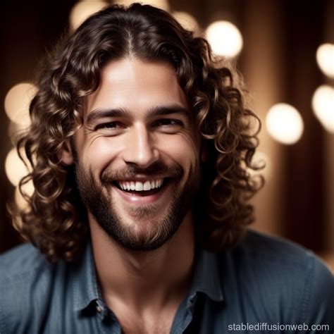 Laughing Man With Curly Hair And Beard Stable Diffusion Online