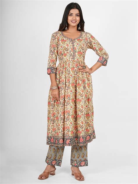 Darshneels Women Printed Flared Pure Cotton Kurta Pant Dupatta Set