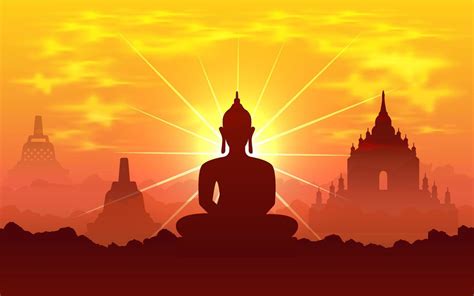 Vesak Day Background Vector Illustration With Temple And Shinny Lord