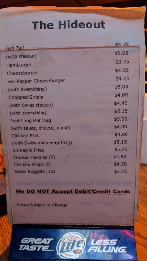 Menu at Hideout pub & bar, Dexter City