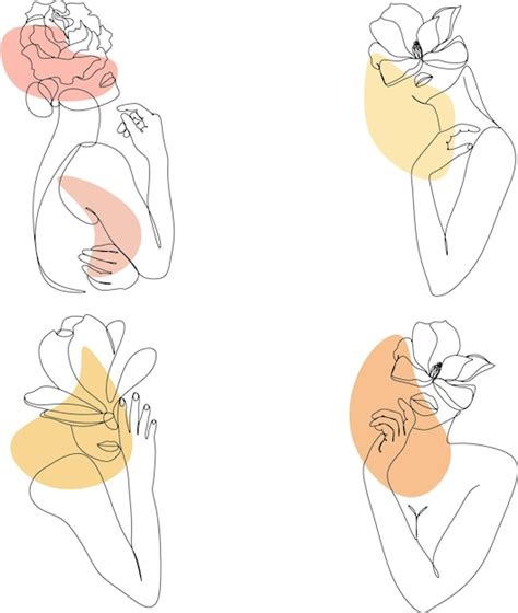 Cabeza De Mujer Abstracta Con Conjunto De Dibujo Lineal De Flores