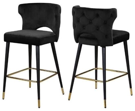 Home Square 2 Piece Upholstered Velvet Bar Stool Set In Black Midcentury Bar Stools And