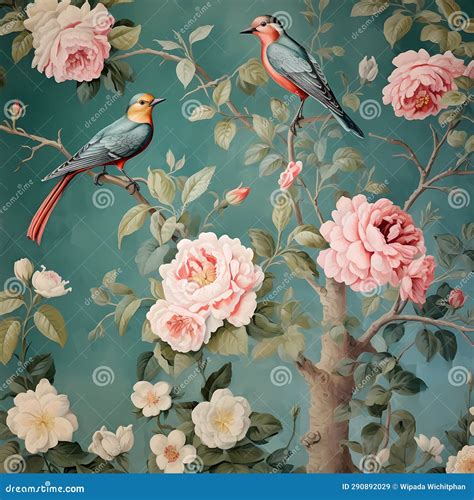 Rose with Bird in Chinese Chinoiserie Painting Style Stock Illustration - Illustration of ...