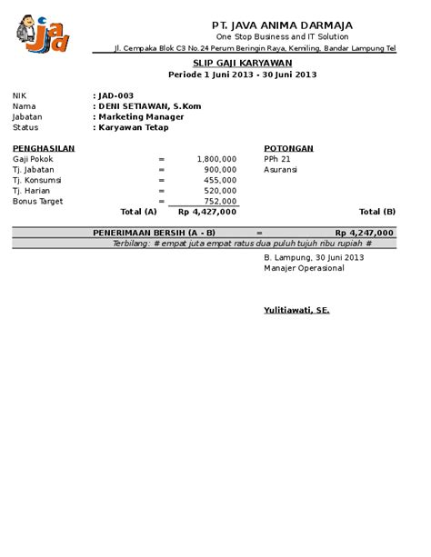 Xls Contoh Slip Gaji Karyawan Format Ms Excel Reidha Hershel