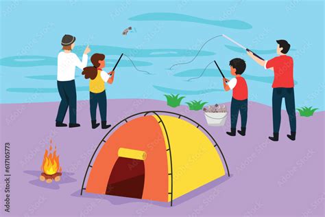 Graphic flat design drawing happy family camping. Man, woman, children ...