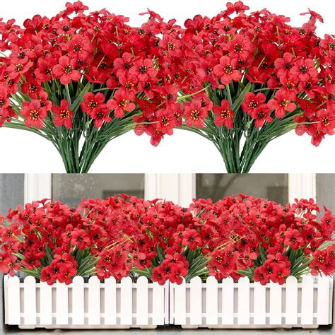 Grnshts Bundles Artificial Flowers Outdoor Uv Resistant Fake Red