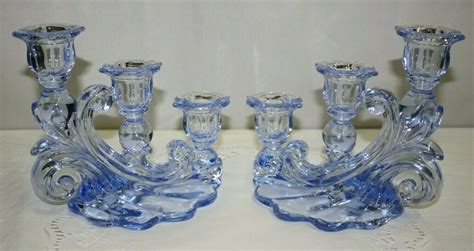 Pair Elegant Glass Caprice Moonlight Blue Cambridge 3 Light Candlestick