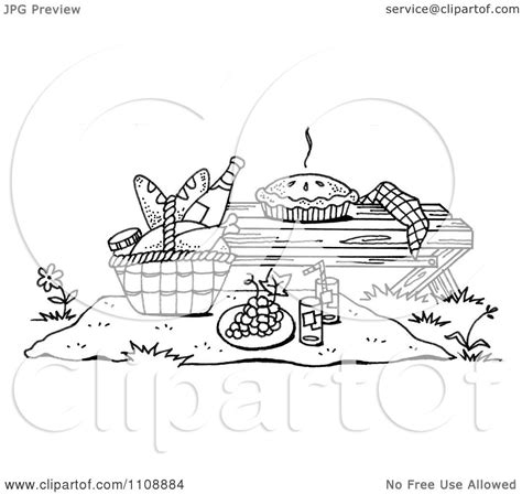 Clipart Black And White Picnic Scene With A Pie On A Bench And Food On ...