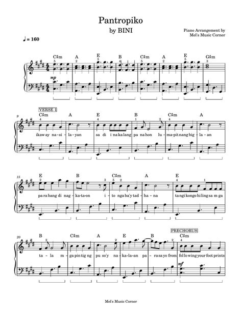 Bini Pantropiko Piano Sheet Music Sheets By Mels Music Corner