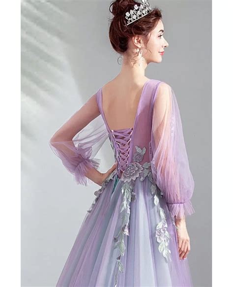 Fairytale Purle Long Tulle Prom Dress Floral With Tulle Long Sleeves