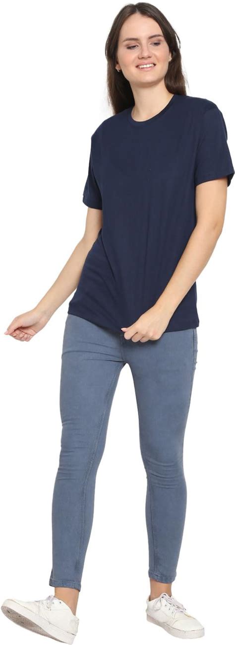 Buy Youthpoi Women Navy Blue Solid Pure Cotton Round Neck T Shirts