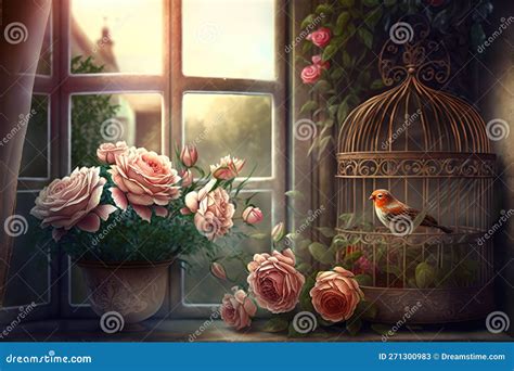 Bunch Of Beautiful Roses In Wicker Basket And Vintage Bird Cages