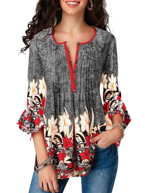 Plus Size Henleys Helloacc Womens Notch V Neck Long Sleeve Henley Shirts Pleated Button Tunic