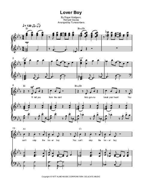 Lover Boy Arr Tunescribers By Roger Hodgson Sheet Music For Piano Vocal And Guitar Chords