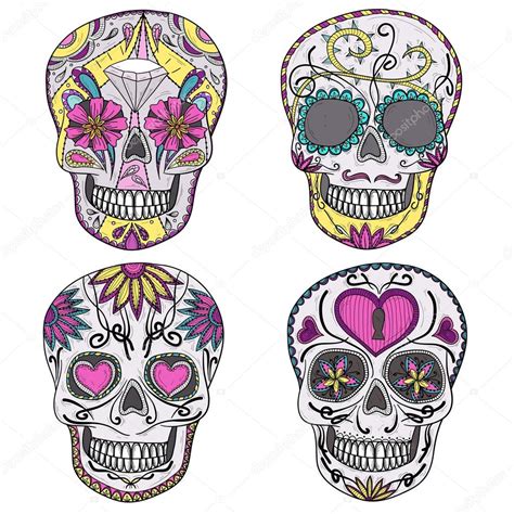 Mexican Skull Set Colorful Skulls With Flower And Heart Stock Vector