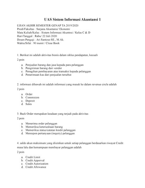 Soal UAS 2020 Dosen ARI Santoso UAS Sistem Informasi Akuntansi 1