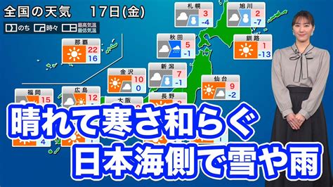 【2月17日金の天気】高気圧に覆われる関東から西日本は穏やかに晴れる所が多くなります。昼間は寒さが和らぎそうです。北日本は日本海側で天気が