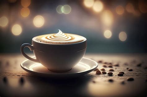Premium Photo Ai Generated Of Hot Art Latte Coffee In Cup On Wooden Table And Coffeeshop Blur