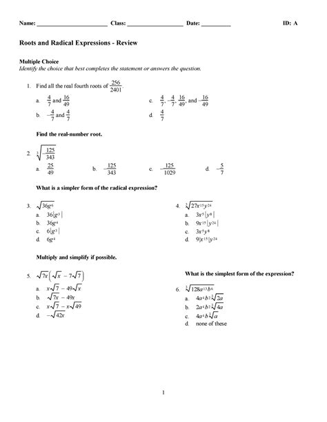 Practice Test Math Grade 11 Roots And Radical Expressions Name